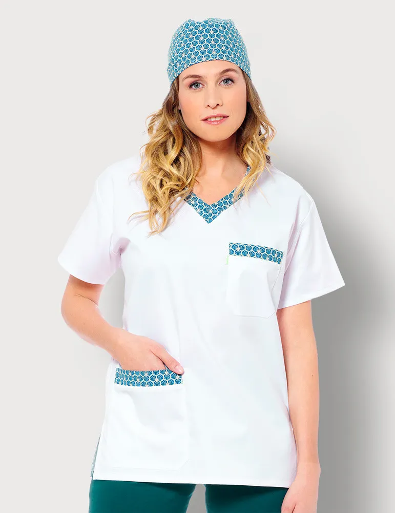 Tunique médicale femme motifs bleu pétrole gold | Belissa France